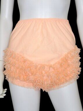 Vintage Frilly Panties Lace Ruffles Double Nylon Gusset Silky Sheer Peach Medium